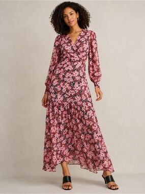 Bar III Pink Floral Wrap Midi Dress Long Sleeve Faux Wrap Ruffle Hem 
Size XS